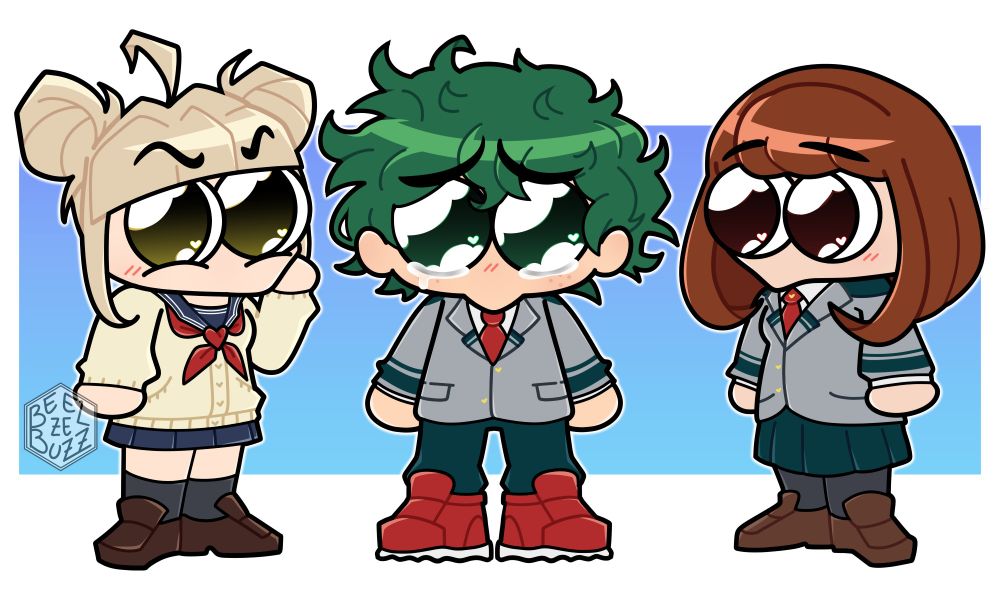 Himiko Toga, Izuku Midoriya, and Ochako Uraraka lined up in a cutesy, chibi-esque style I've deemed "Squishies".