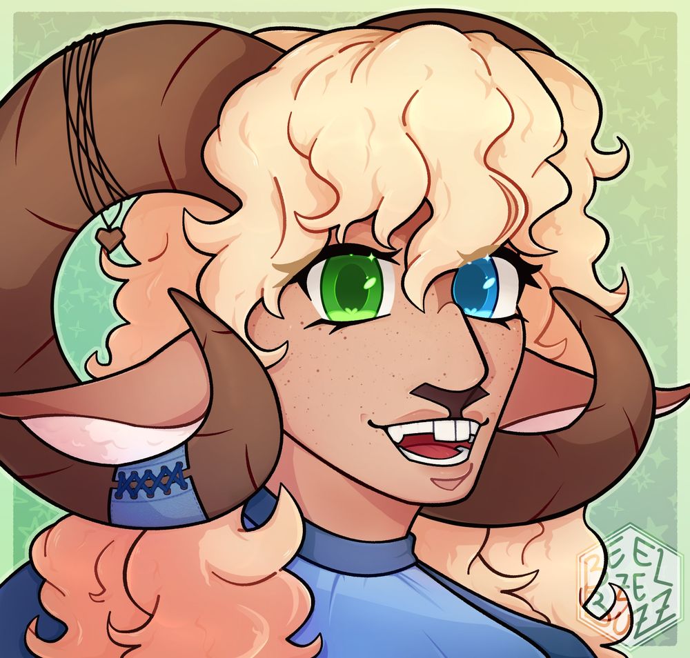 Full-rendered headshot of @boochaba.bsky.social‬'s original character, Dovri (She/Her). She is a satyr character - a goat/ram-like humanoid, meant to fit in the Dungeons and Dragons universe. Dovri is smiling widely to the viewer.