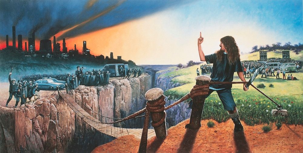 Album art from The Prodigy's 1994 album Music for the Jilted Generation. A painting depicting a divide between two worlds separated by a deep canyon. On the left, a grim, industrialised city with dark smoke billowing from factories is overseen by riot police, attack dogs, and officials. A rope bridge crosses the chasm. On the right, a bright, green, and peaceful countryside with people gathering around speakers and camper vans under a clear blue sky. In the foreground, a man with long hair, boots, and jeans stands defiantly on the grassy side, holding a knife, ready to cut through the rope bridge and raising his middle finger toward the other side.