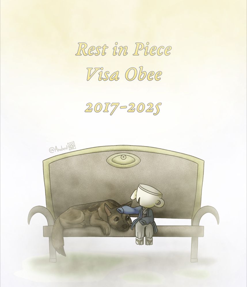 Visa and Mashi in the Wake sitting on a bench with a golden eye embedded into it. Mashi is petting Visa on the head. The text reads "Rest in Piece Visa Obee 2017-2025"