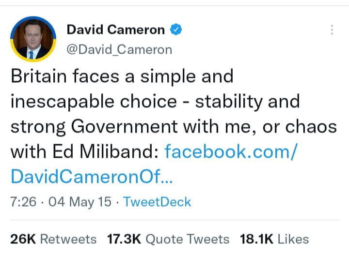 David Cameron's "chaos with ed Miliband" tweet 