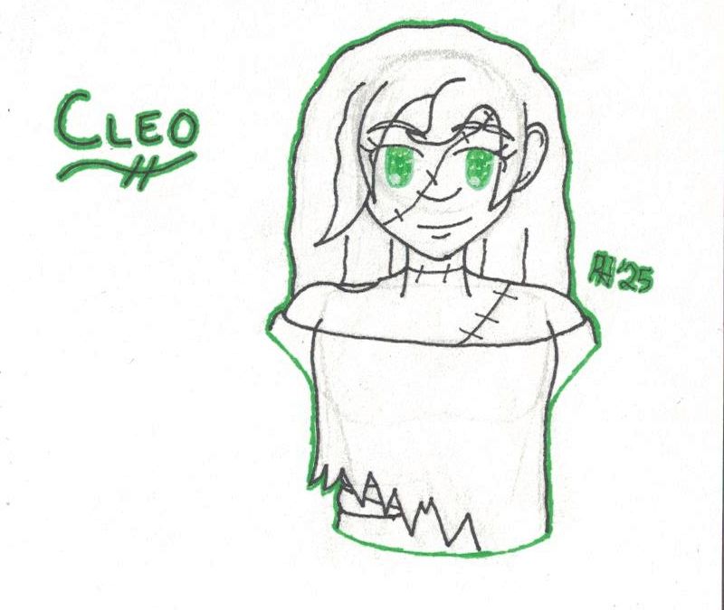 A fanart drawing of how I picture Cleo from Hermitcraft. They are drawn as zombie with stitch marks littered about, exposed bones and a indentation on their shoulder