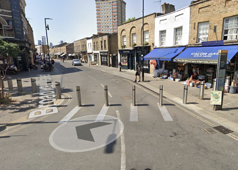 A street cut off with bollards.
