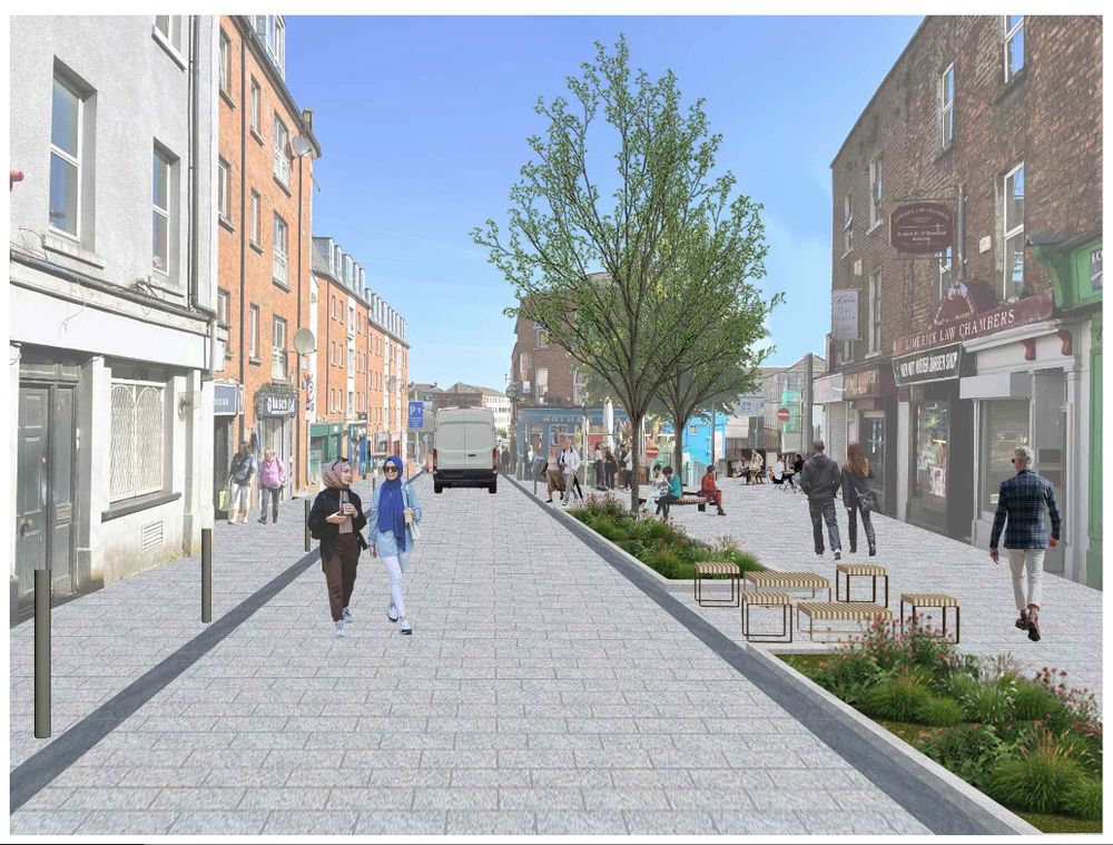Render of High Street shared space street.