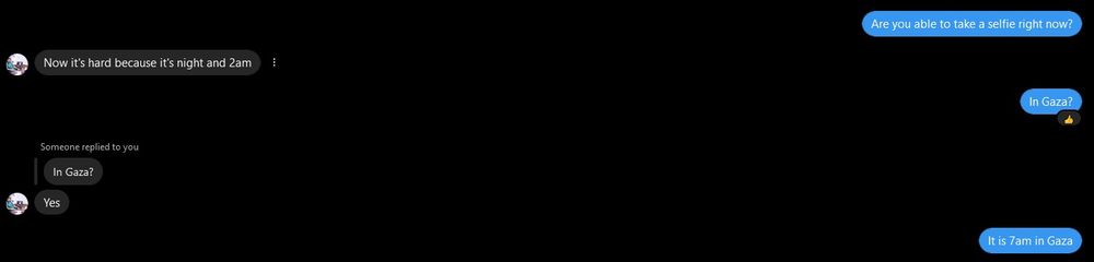 A screenshot of an instagram message claiming it to be the wrong time in Gaza