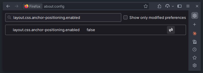 A screenshot of Firefox in the `about:config` page. The search bar has the text `layout.css.anchor-positioning.enabled` and below is a result for an existing preference with that name. One can determine this is an existing pref because it does _not_ include the form to set this prefs type (Boolean, Number, String), nor does it have the `+` button, and instead it has the default value of `false`, and a button to reset to the default value.