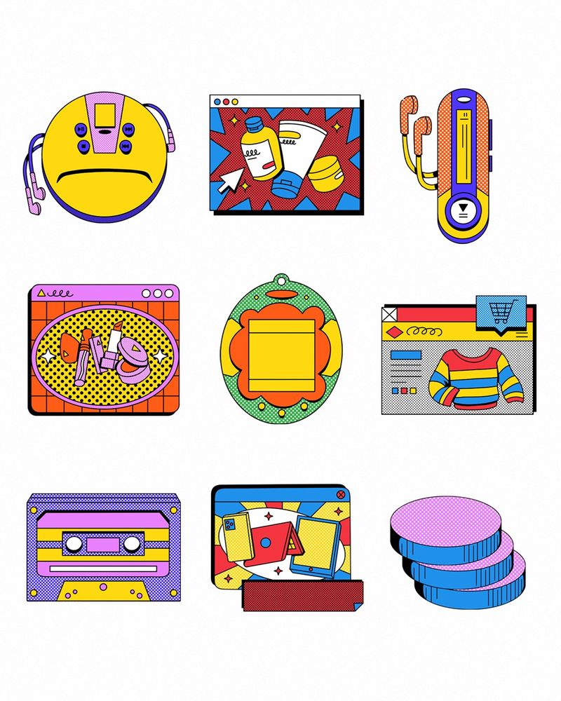 Drawings of various objects and shopping elements done in a retro-inspired style!