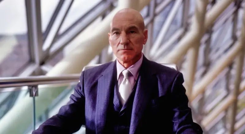 from the 2000 film "X-Men" actor Patrick Stewart portraying Professor Charles Xavier sitting in his wheelchair.