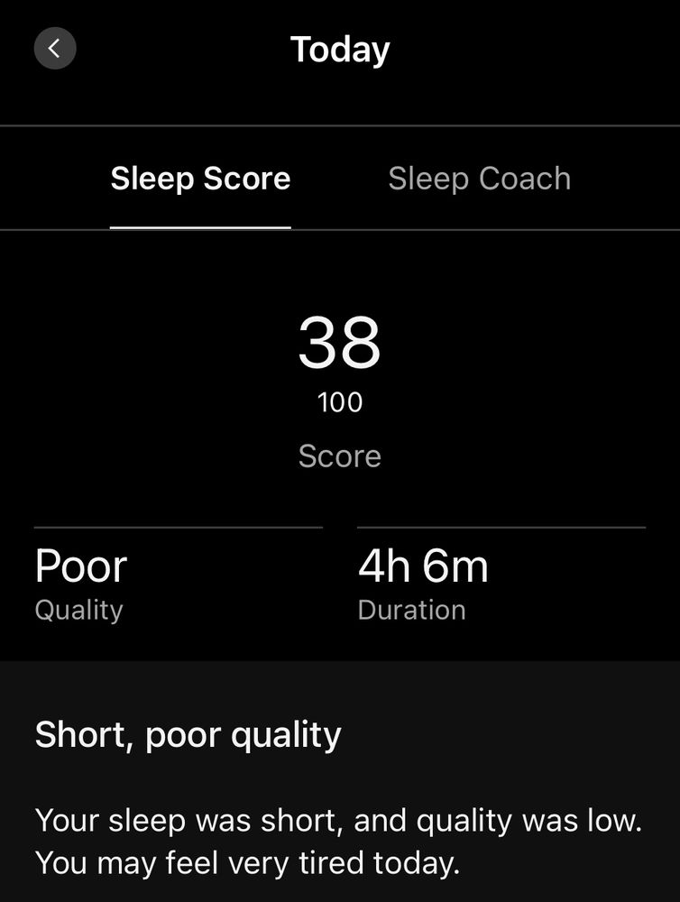 garmin connect の睡眠スコア。100点満点中38点と、低い値になっている。Short, poor quality ということである