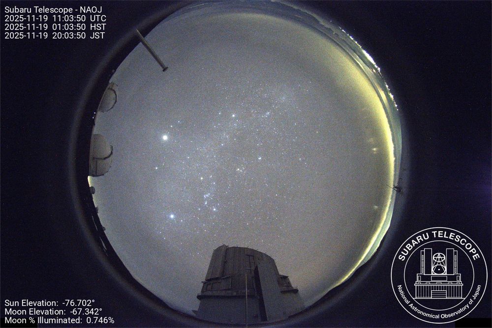 すばる望遠鏡の全天カメラの画像。雲が全体的にかかっていて星が少ない。西の方にいくつもの光の柱が見える