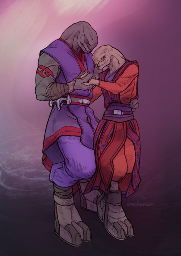 Fullbody couple sketch in color. Commission for @kh-productions.bsky.social of their sangheili characters performing a traditional dance