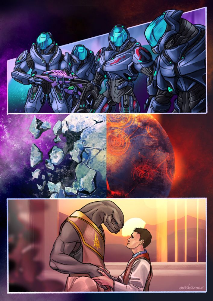 Digital Illustration Comic Commission for @navytuna.bsky.social. First panel showing a blue ranger squad, second showing destroyed Glyke and glassed Hardscrabble, third showing Newo and Charlie