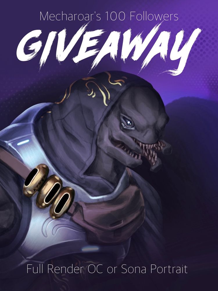Digital Illustration Portrait of my Sangheili character Gulan (halo) with a headline saying: mecharoar‘s 100 followers giveaway.