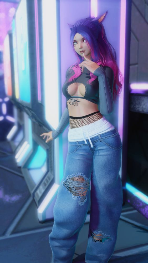 Losi standing in a glowing cyberpunk city in front of some vending machines. She is wearing a long sleeved cropped top and ripped baggy jeans.