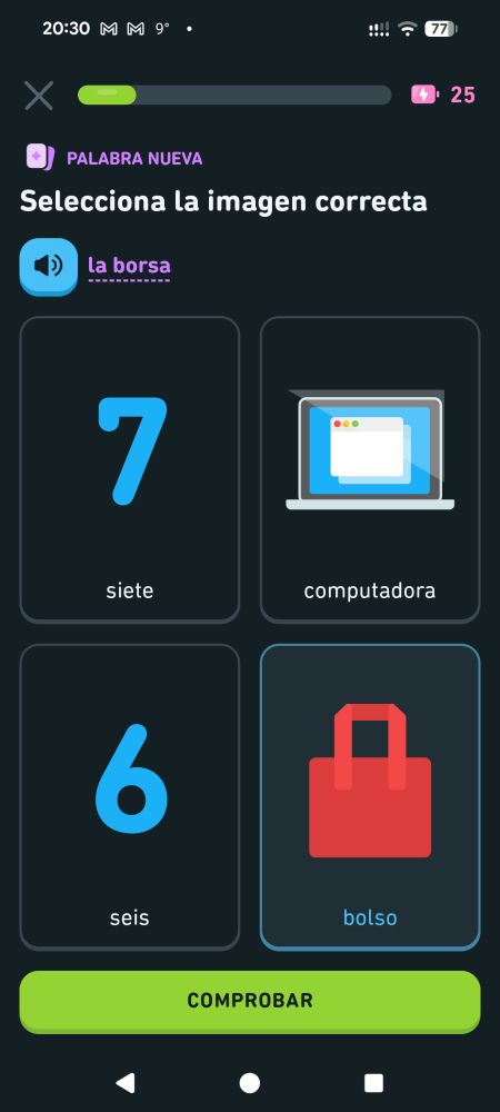 Pantalla de Duolingo - Bolso es borsa