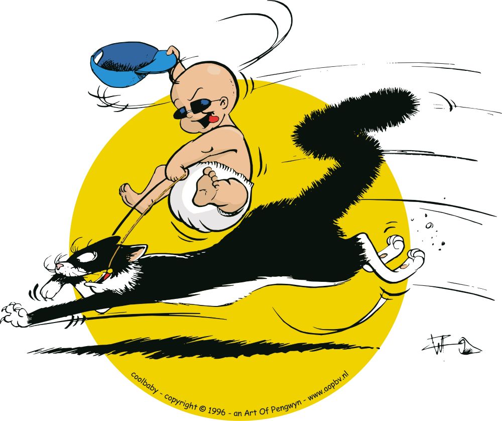 #Coolbaby riding a terrified black and white cat, waving his blue cap cheerfully