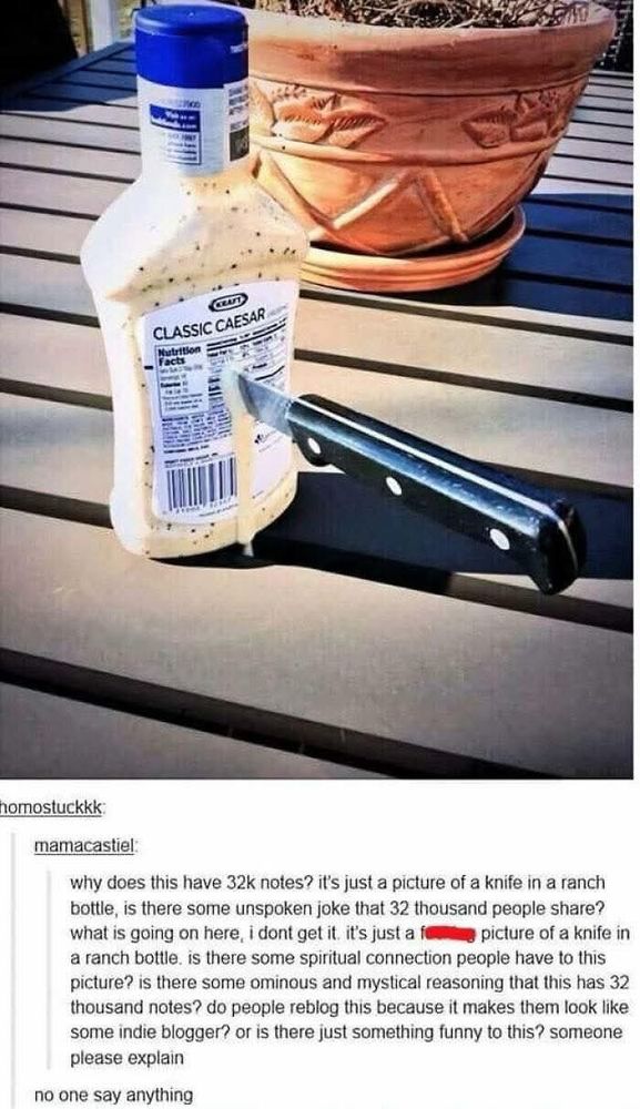 Photo of a bottle of Caesar with a knife stuck in it, with a long rant of someone below it, who doesn't get it.