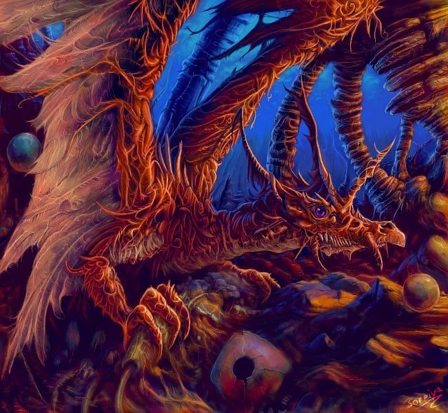 A red dragon with torn wings facing towards the right side of the canvas. There are 3 spherical objects surrounding it. The background is a rocky nighttime scene.