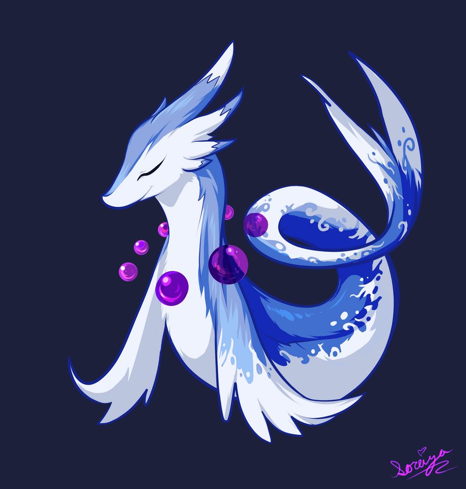 A cute creature with floating orbs around it's neck. It's eyes are closed and it has a fish like tail.