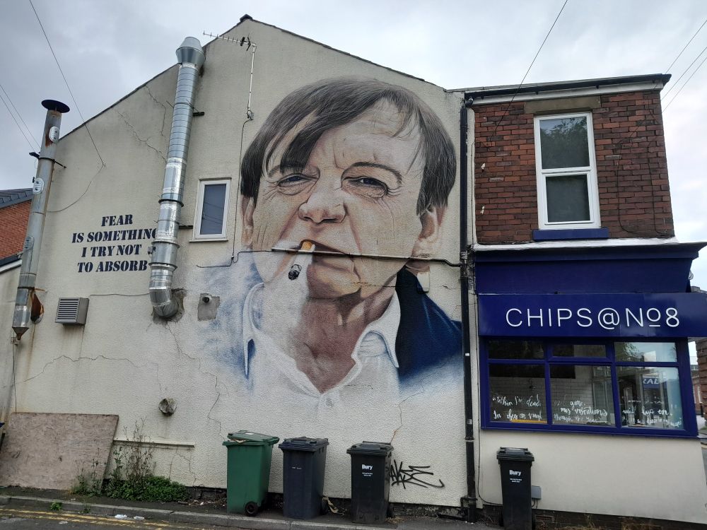 Mark E Smith mural by Akse on the side of Chips @ No 8, prestwich, manchester