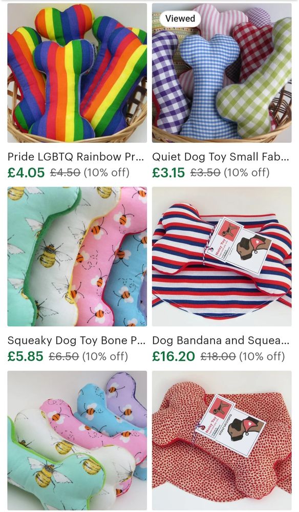 A screenshot of the misheleneous etsy shop showing 6 different dog bone toys and matching bandana gift sets. Handmade in Manchester, England