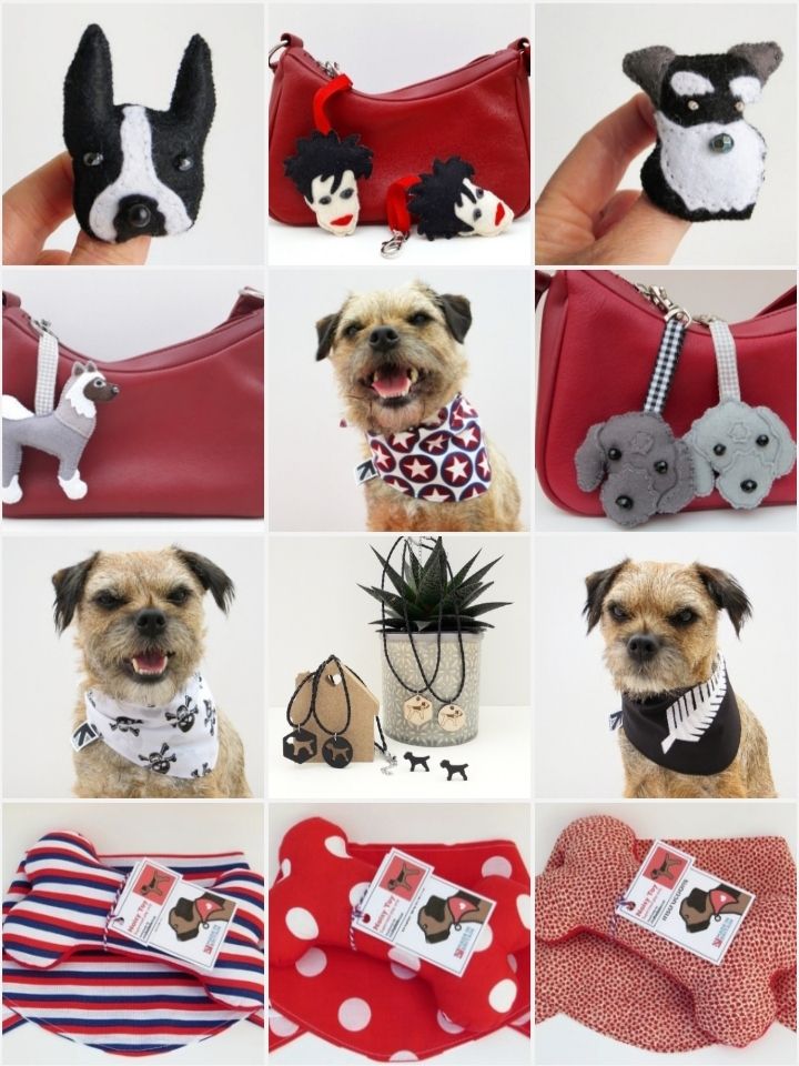 A collage of 12 pictures showing various handmade products for home and hound. Including bandanas, bone toys, bag charms, brooches, keyrings and jewellery