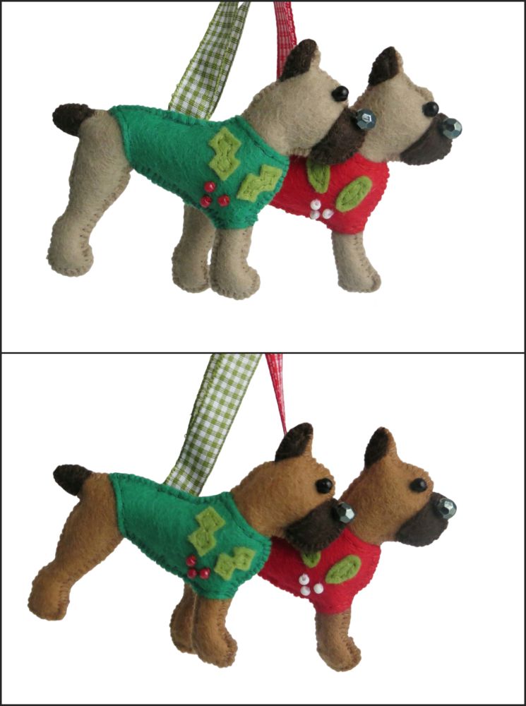 A collage of 2 images showing 2 pairs of felt handmade French Bulldog festive tree ornaments by misheleneous. They are wearing red mistletoe and green holly motif christmas jumpers. The top two are Masked Fawn and the bottom two are Red Fawn breed types