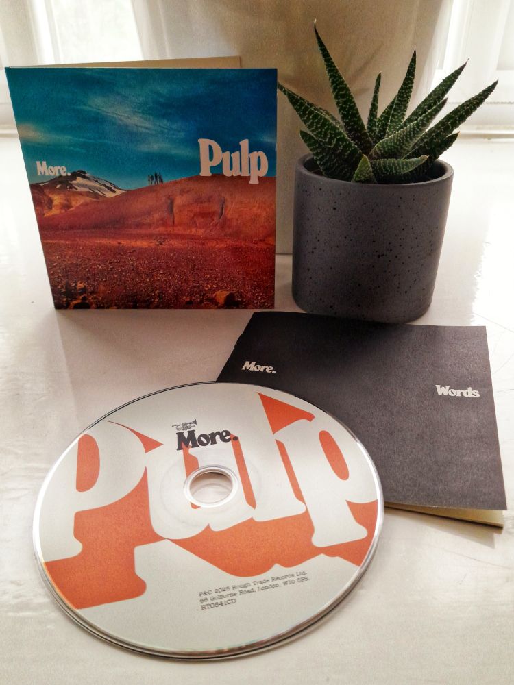 The band Pulp cd album More released in 2025 displayed next to a house plant on a windowsill. There's even a lyrics booklet - I mean, come on! 👌