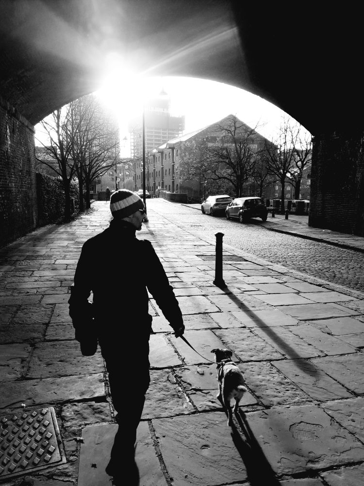 A black and white shot of @manchesteve with our border terrier dog Heidi in central Manchester. They are walking in front of me under a bridge in Castlefield and are partly silhouetted by the very strong autumn sunlight. Cars and buildings can be seen in the distance