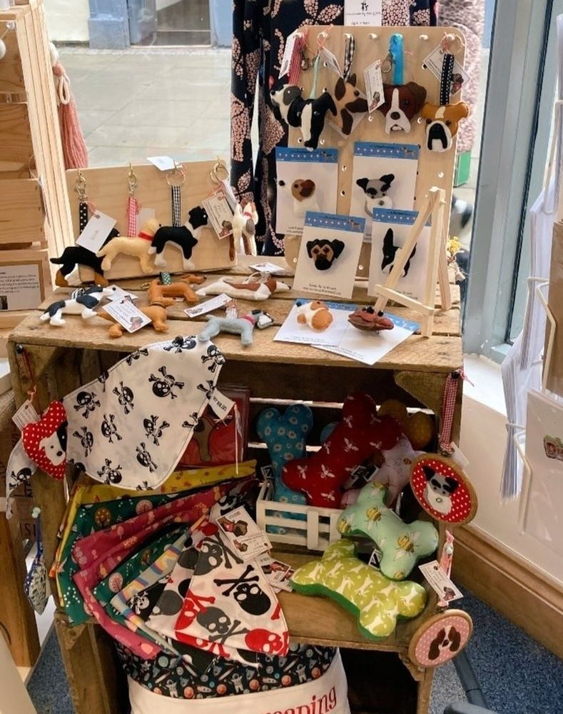 An interior shelf display of handmade products for home an hound by misheleneous in the Proper Lovely shop, Unit 16 Marketgate, Lancaster