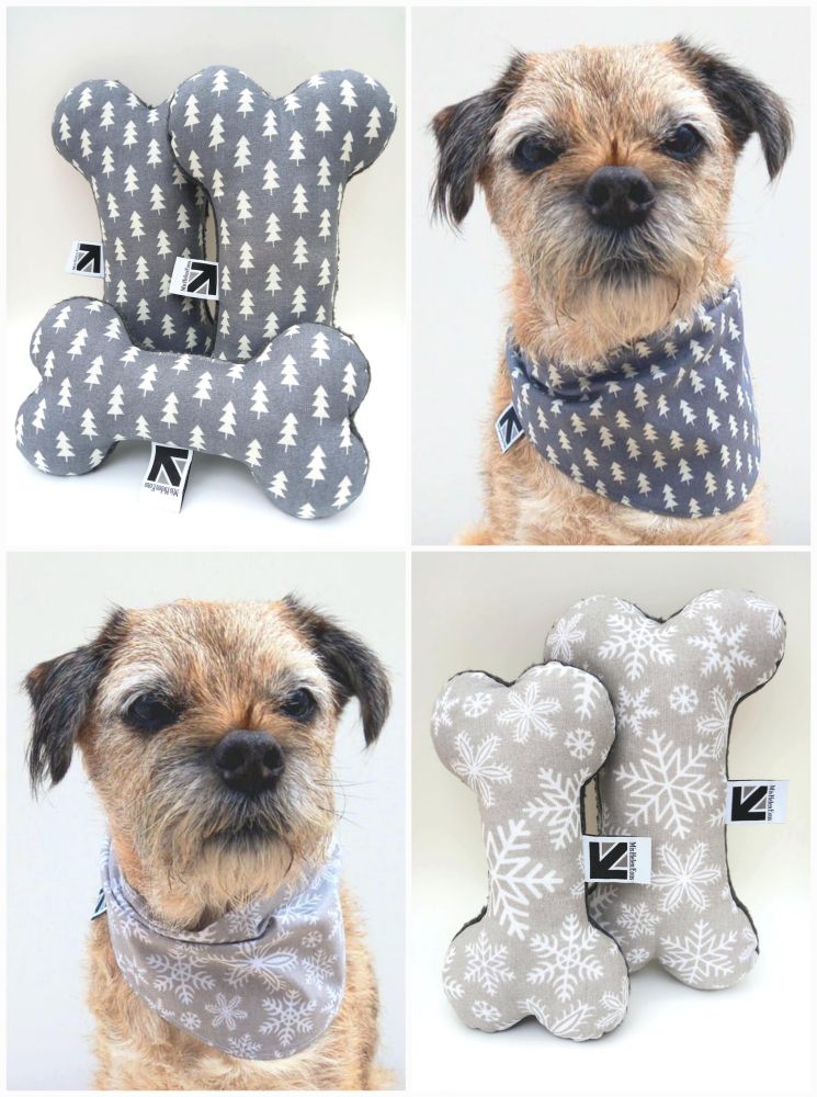 A collage of 4 images showing Heidi border terrier modelling 2 different grey and white snowflake dog print bandanas by misheleneous with matching bone toys