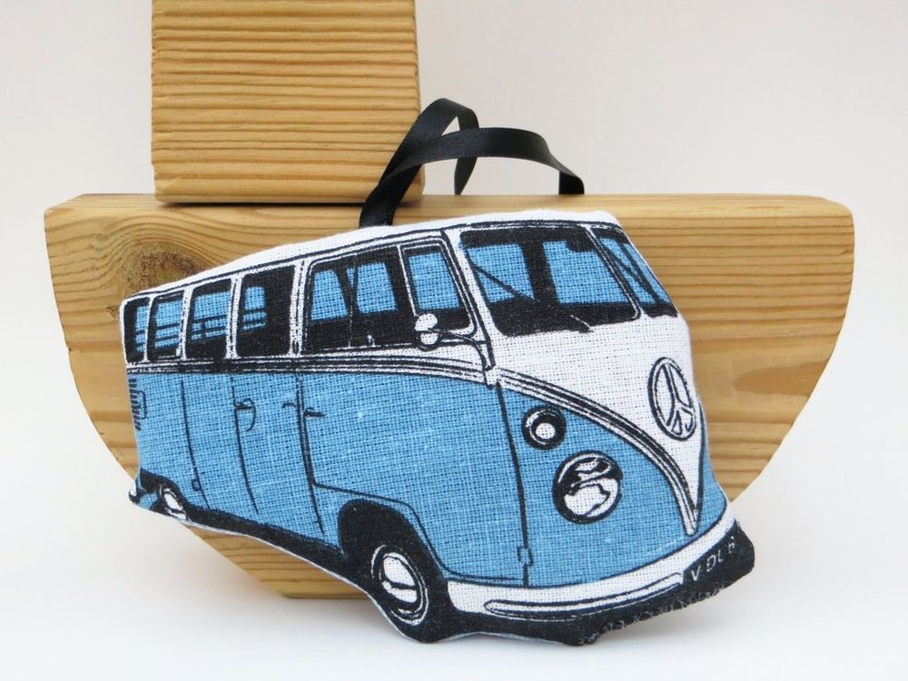 A blue fabric Retro VW Campervan air freshie ornament by misheleneous filled with polyester stuffing and lavender