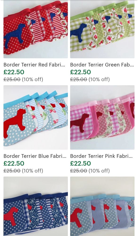 A screenshot of my Etsy shop showing handmade fabric dog breed motif bunting garlands by misheleneous in various colours and designs