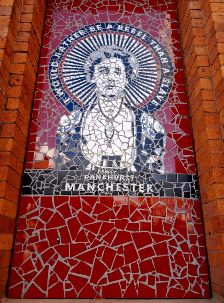 A colour shot of a mosaic by Manchester artist Mark Kennedy who crafted this huge window sized piece for Affleck’s Palace based on an image by street artist Mancsy ahead of the 2018 centenary of women's right to vote in the UK