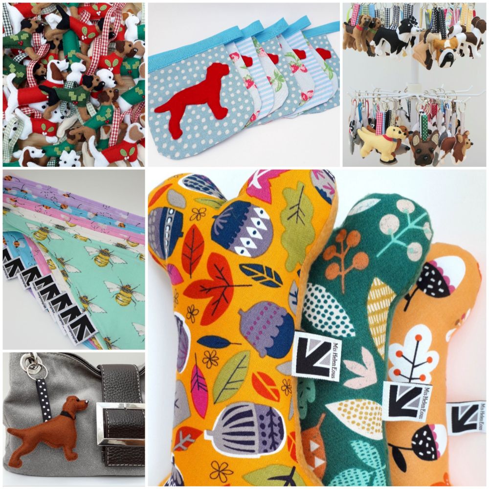 A collage of 6 colour images showing handmade products for Home and Hound by misheleneous. Including dog bandanas, toy bones, bag charms, christmas ornaments, keyrings and bunting