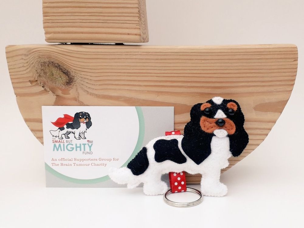 A handmade felt cockalier dog keyring by misheleneous. Its a replica of the brain tumour charity dog Mighty Maisie