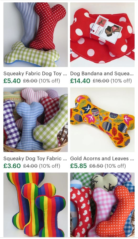 A screenshot of the misheleneous etsy shop showing 6 different dog bone toys and matching bandana gift sets. Handmade in Manchester, England