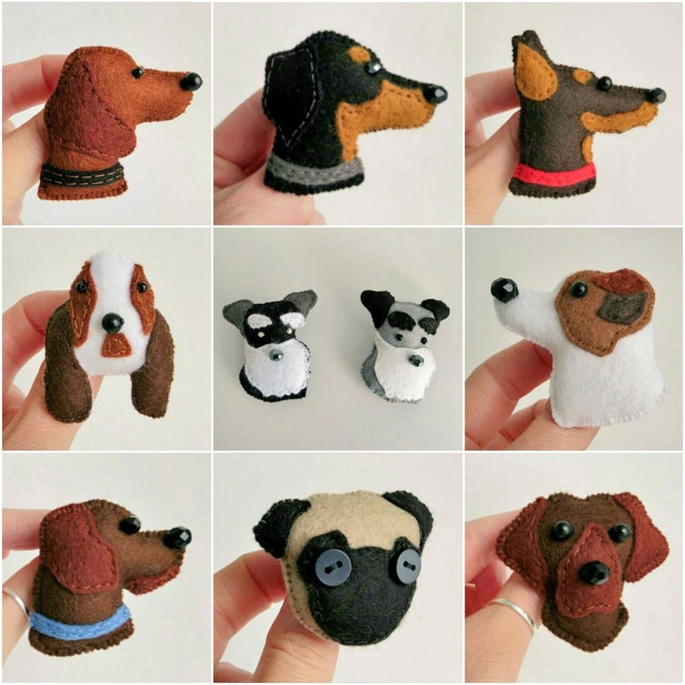 A collage of 9 pictures showing handmade felt kennel club dog breed brooches by misheleneous. Including hungarian vizsla, doberman, basset hound, miniature schnauzer, jack russell terrier, chocolate labrador and pug