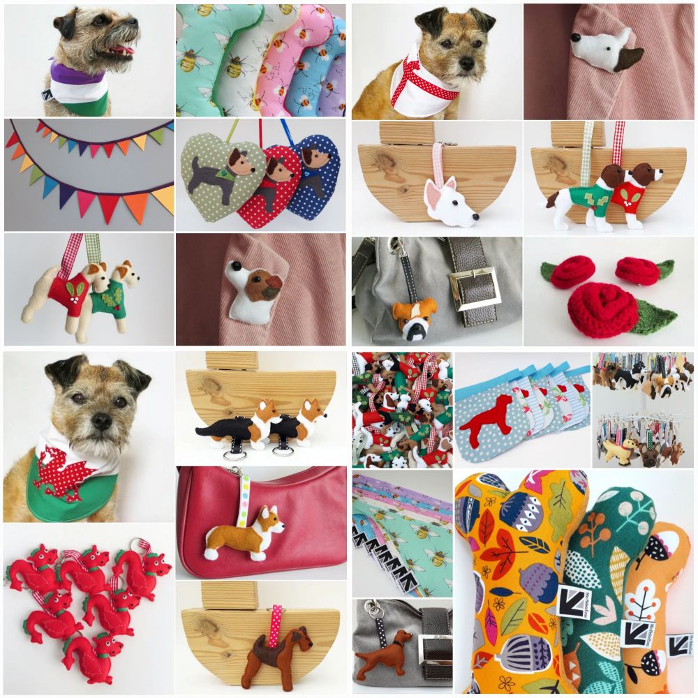 A collage of 23 pictures showing colourful felt and fabric handmade products for home and hound by misheleneous. Including dog bandanas, bone toys, bunting, kennel club breed bag charms, brooches, keyrings and ornaments. Please take a look at my online store or tell your friends because small businesses really needs your support right now. Thank you