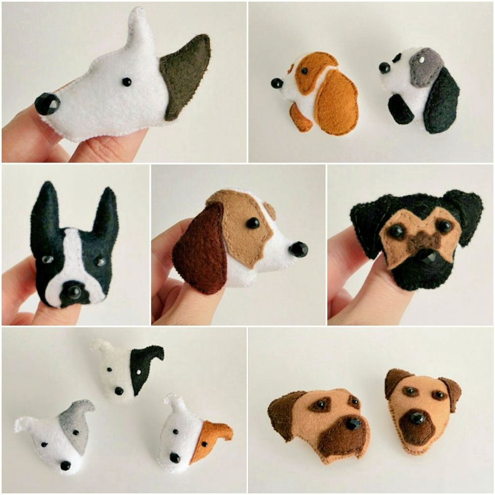 A collage of 7 pictures showing handmade felt kennel club dog breed brooches by misheleneous. Including english bull terrier, cocker spaniel, boston terrier, beagle, border terrier and staffordshire bull terrier