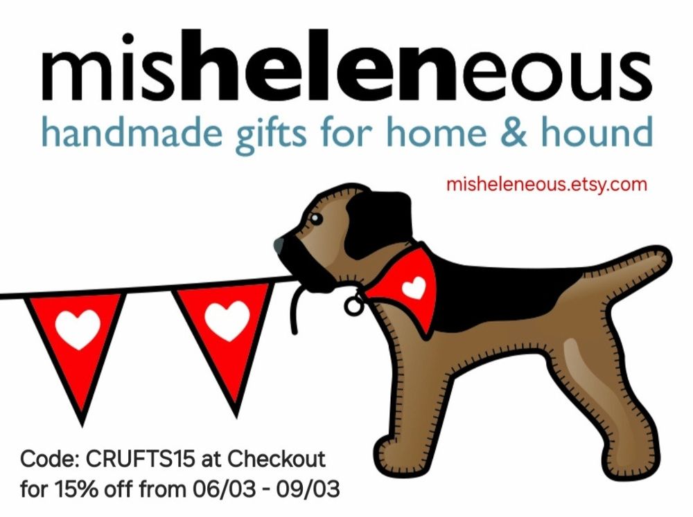 misheleneous border terrier logo on a poster advertising 15% off at my Etsy Shop between 6th - 9th March while the Crufts dog show is on