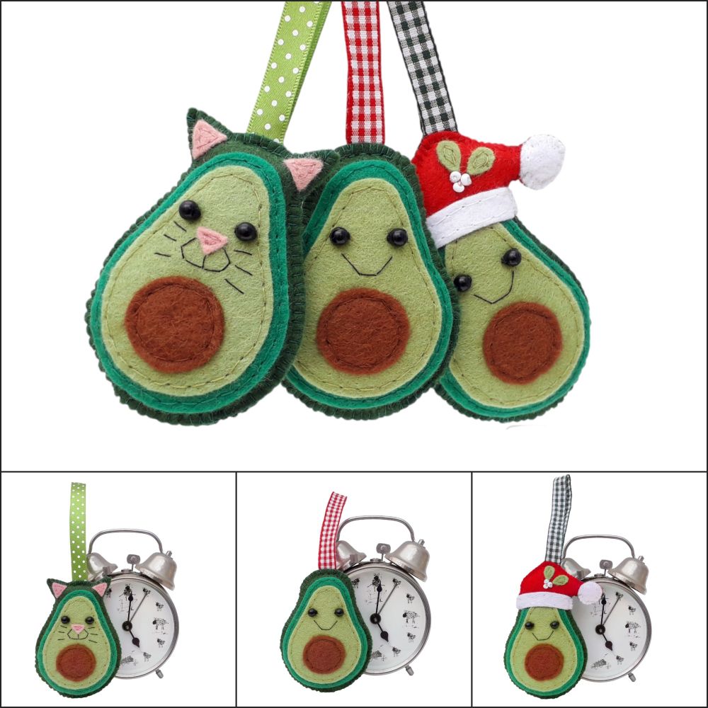 A collage of four pictures showing felt handmade avocado ornaments by misheleneous. One has cat ears (the avo-cato) and another has a santa hat (avocado-ho-ho)