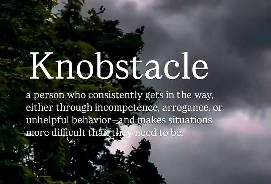 A meme saying Knobstacle. A person who consistently gets in the way, either through incompetence, arrogance, or unhelpful behaviour - and makes situations more difficult than they need to be