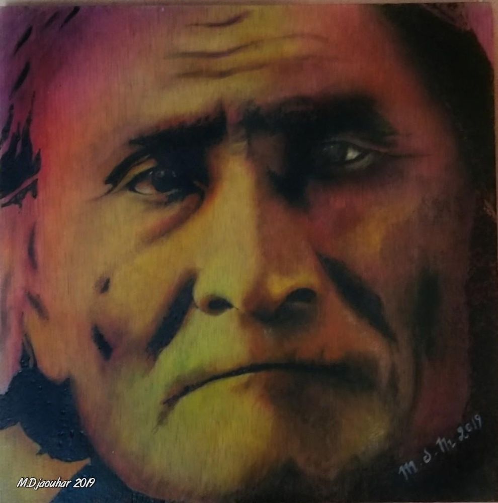 In the grand scheme, it's intended to erase #history so it can be distorted & created askew. That's what makes a painting series like this so powerful. Wood #etching & #painting (for sale) by #indigenous #artist #MDjaouhar. More of our "Forefathers" here: https://mdjaouhar.weebly.com/forefathers.html

#wearestillhere #notyourmascot #Native #ancestors #ProudlyIndian #art