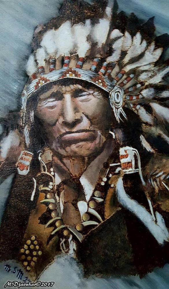 In the grand scheme, it's intended to erase #history so it can be distorted & created askew. That's what makes a painting series like this so powerful. Wood #etching & #painting (for sale) by #indigenous #artist #MDjaouhar. More of our "Forefathers" here: https://mdjaouhar.weebly.com/forefathers.html

#wearestillhere #notyourmascot #Native #ancestors #ProudlyIndian #art
