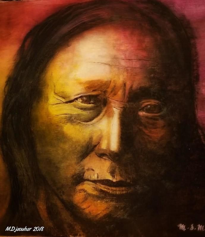 In the grand scheme, it's intended to erase #history so it can be distorted & created askew. That's what makes a painting series like this so powerful. Wood #etching & #painting (for sale) by #indigenous #artist #MDjaouhar. More of our "Forefathers" here: https://mdjaouhar.weebly.com/forefathers.html

#wearestillhere #notyourmascot #Native #ancestors #ProudlyIndian #art
