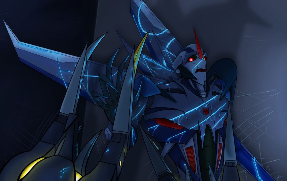 Transformers: Prime Starscream is pinned to the floor of Darkmount by the large beastly metal claws of Predaking. Predaking's other set of bared claws hover over Starscream. Wide-eyed, Starscream reaches timidly up to Predaking's hovering claws but hasn't yet touched him. Bloody glowing gashes cover Starscream, crossing his chest, face, and wings. One of his shoulder plates has been torn off. Two bite marks mark one of his larger wings and his relaxed forearm oozes energon from another bite mark. 