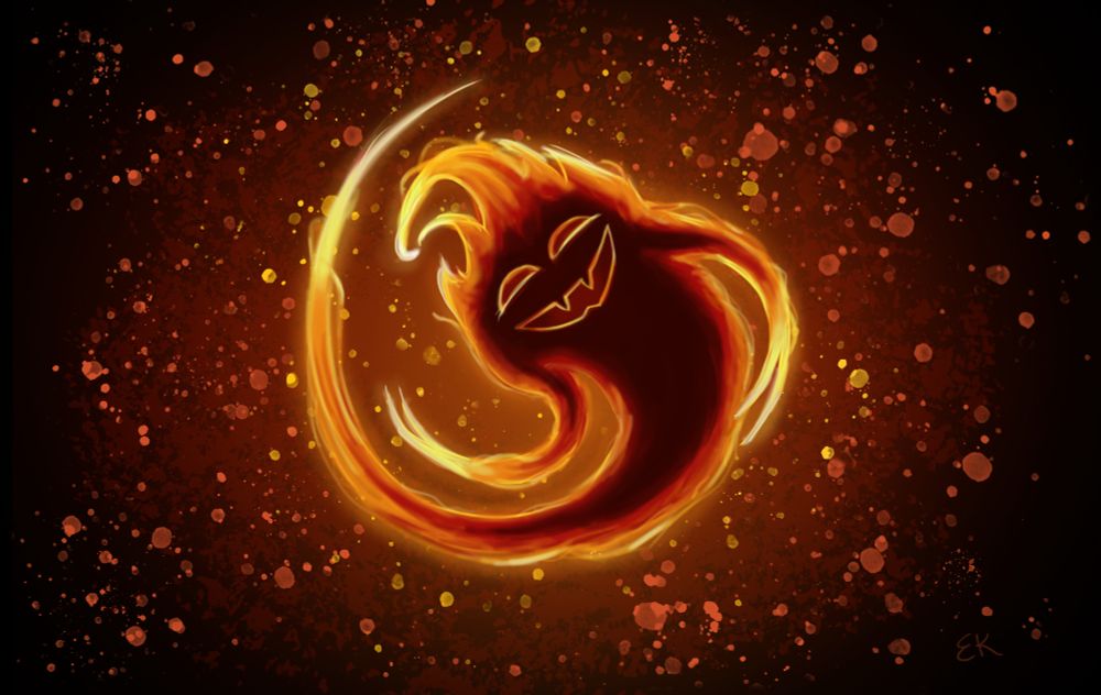 A small fire-like alien creature with a darker core and jack o' lantern like face (half moon eyes and simple fangy smile). Kremzeek glows against a orange and yellow speckled dark background