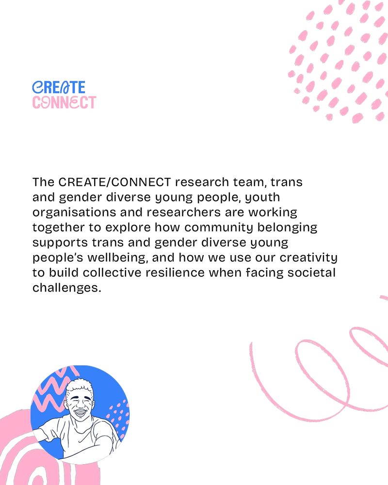 The image is a slide from the Creativity, Community and Resilience project team, published as part of their recruitment drive for their 1-Day Diary activity. The slide reads:

Create/Connect
 
The Create/Connect research team, trans and gender diverse young people, youth organisations and researchers are working together to explore how community belonging supports trans and gender diverse young people’s wellbeing, and how we use our creativity to build collective resilience when facing societal challenges.