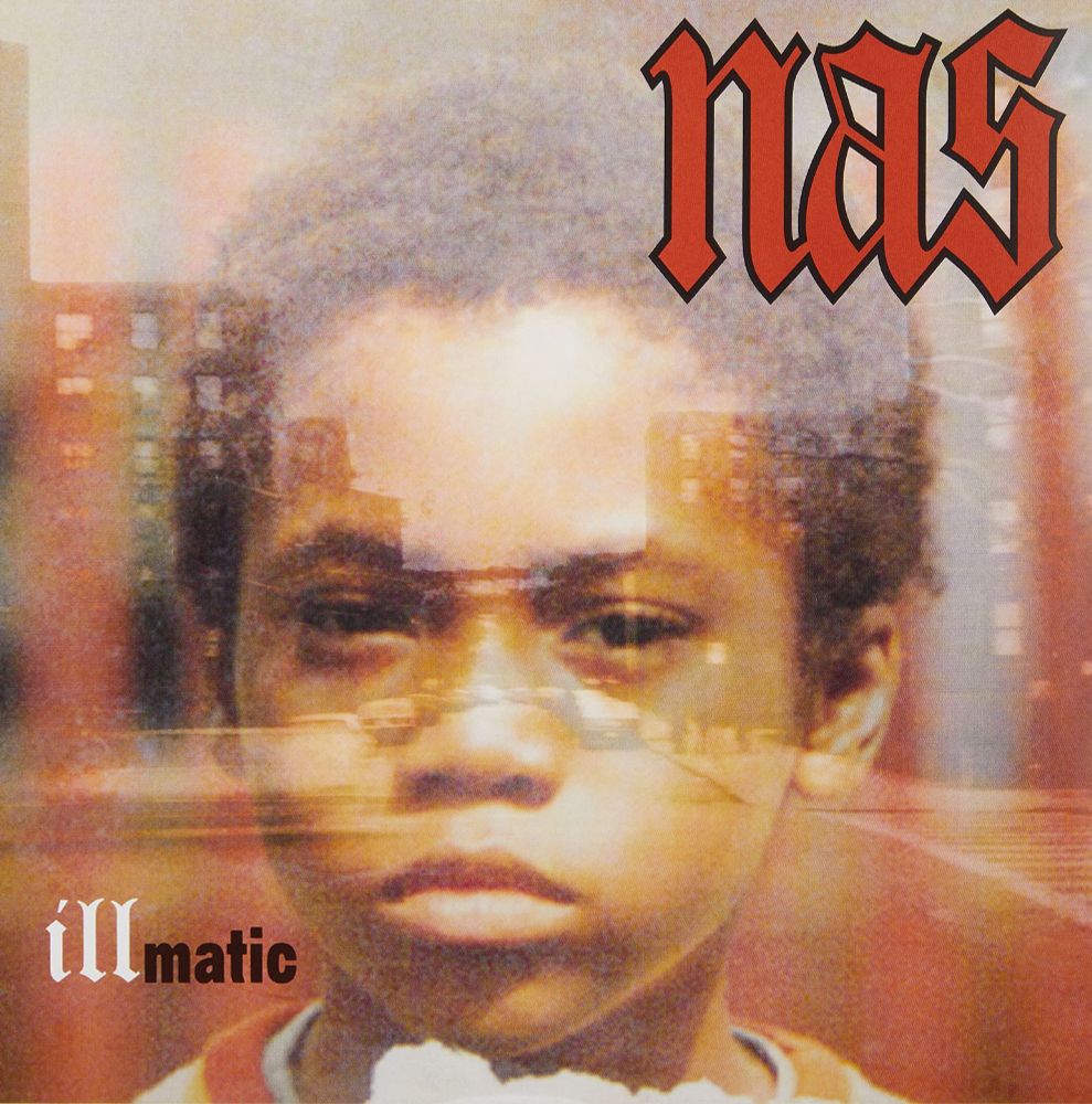 Nas' Illmatic album cover (little Black boy in the center, and a little transparent. Brown rectangular apartment buildings and a street behind him)